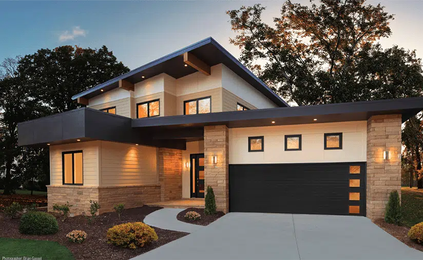 modern steel ribbed windows down right side black double garage door